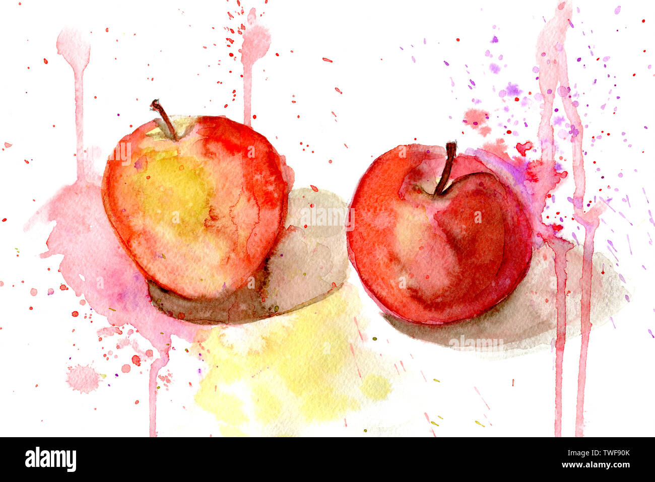 Handgezeichnetes Aquarell von zwei roten Äpfeln mit Spritzern auf weißem Hintergrund. Stockfoto