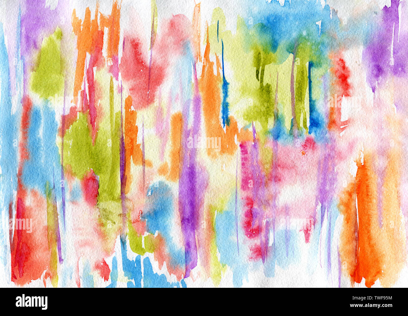 Abstrakte Aquarell Hintergrund mit bunten Farbe Flecken und Tropfen in Regenbogenfarben. Hand traditionelle Abbildung gezeichnet. Kreative flüssige Tapete. Stockfoto