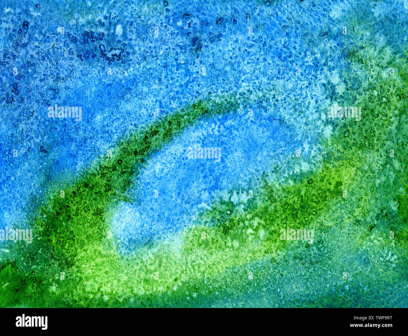 Aquarell Hand gezeichnet Zusammenfassung Hintergrund: grün Strudel auf Blau. Aquarell Abbildung mit Salz Wirkung. Stockfoto