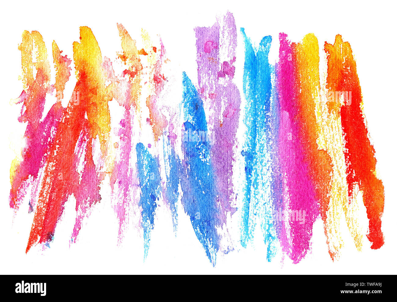 Aquarell abstrakte Abbildung: Helle Regenbogen malen Fleck eingezeichnet mit einem trockenen Pinsel. Kreative rainbow Aquarell Hintergrund. Stockfoto
