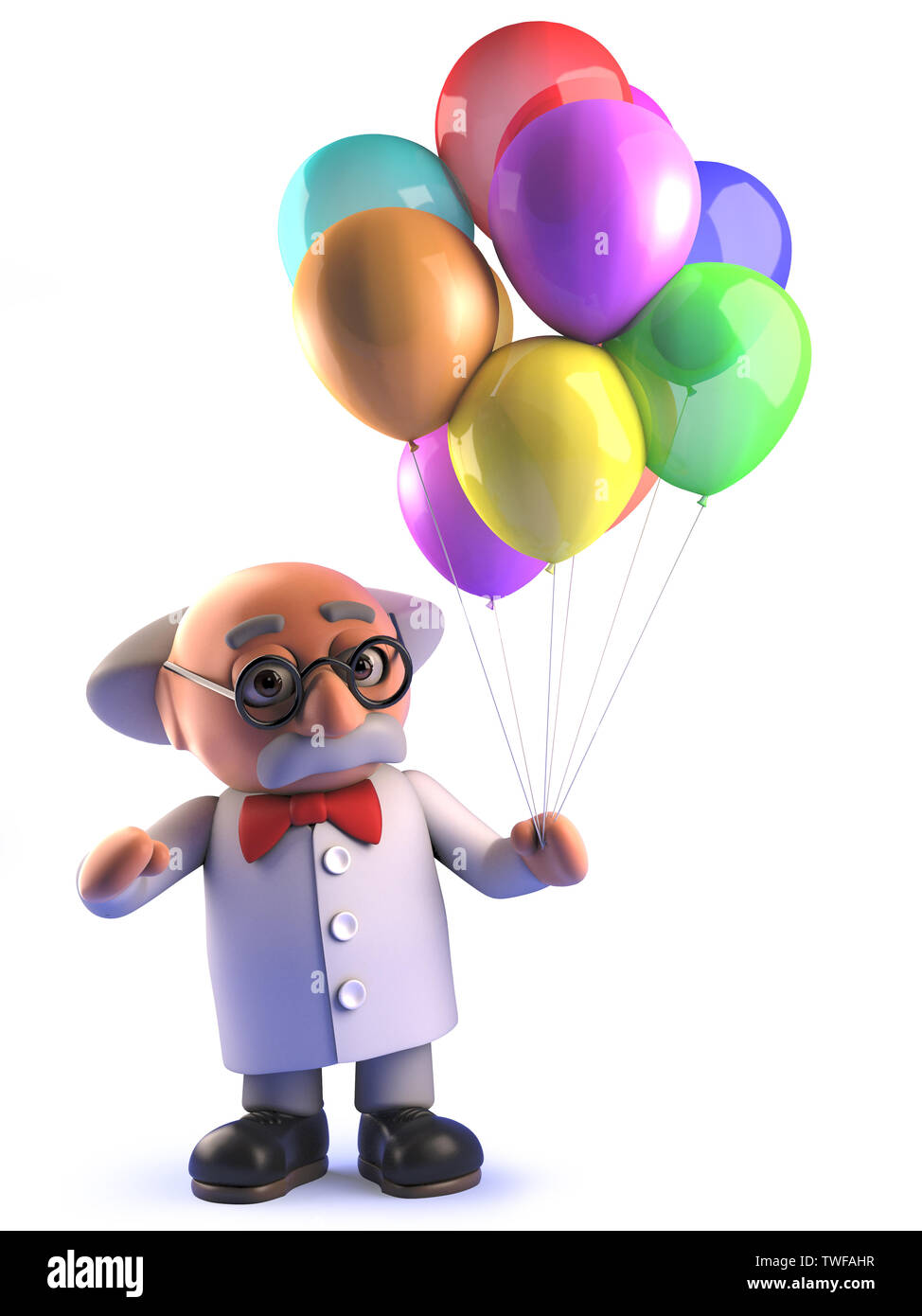 Gerenderten 3D-Bild einer verrückten verrückte Wissenschaftler Professor in 3d Holding einige bunte Luftballons Stockfoto