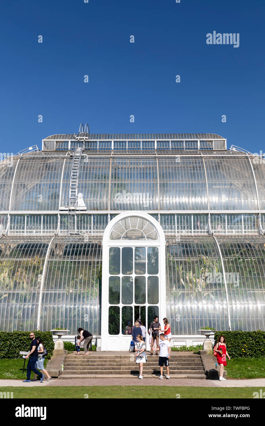 Besucher außerhalb der Palm House an der Royal Botanic Gardens in Kew. Stockfoto