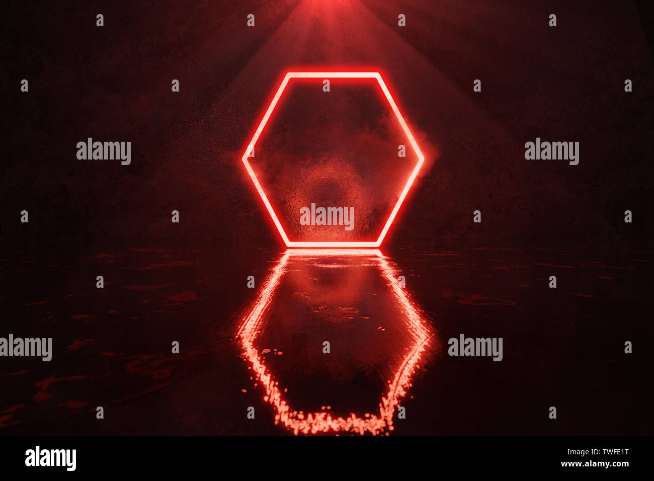 3D-Rendering von Red Kantenform mit Rauch gegen grunge Wand- und glänzenden Fußboden aufhellen Stockfoto
