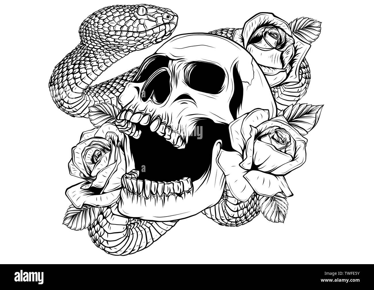 Bunte Tattoo Design Mit Schadel Rosen Und Schlange Abbildung Stock Vektorgrafik Alamy