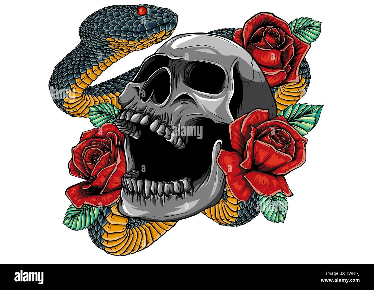 Bunte Tattoo Design Mit Schadel Rosen Und Schlange Abbildung Stock Vektorgrafik Alamy