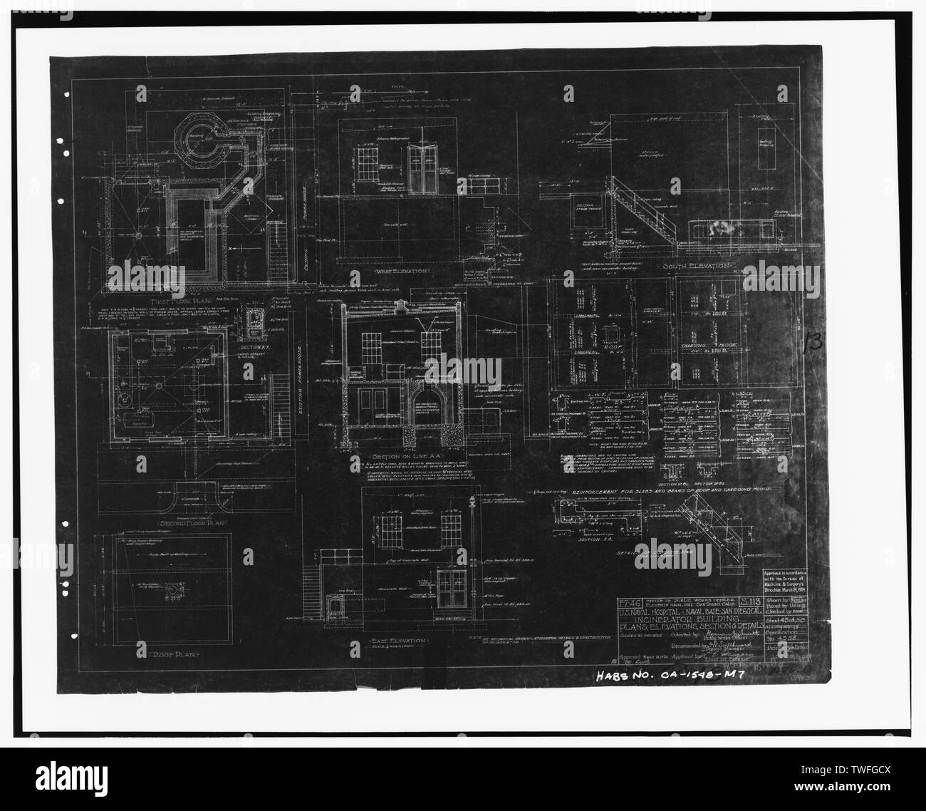 Pläne, Ansichten, Schnitte und Details, Zeichnung Nr.100002 - U.S. Naval Hospital, Verbrennungsanlage Gebäude, Park Boulevard, Balboa Park, San Diego, San Diego County, CA Stockfoto