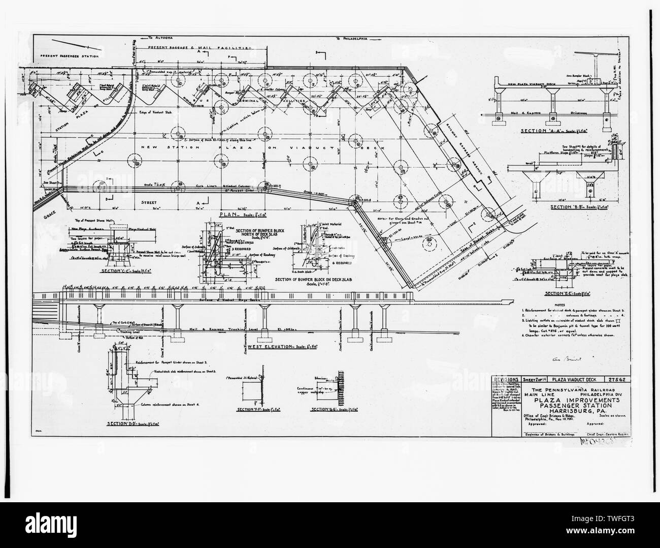 PLAZA VERBESSERUNGEN, PERSONENBAHNHOF Zeichnung Nr. 27562 - Pennsylvania Railroad, Harrisburg und Trainshed, Markt und Süd vierte Straßen, Harrisburg, Dauphin County, PA Stockfoto