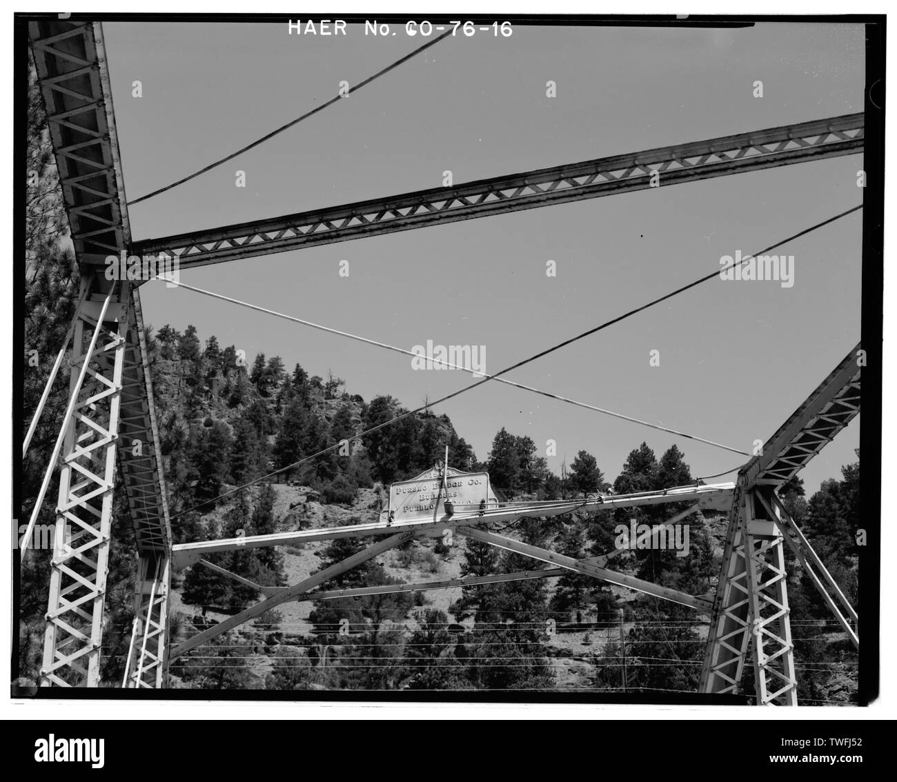 PORTAL UND TYPENSCHILD DETAILS. Blick nach Nordosten. - Baxterville Brücke, Spanning Rio Grande Fluss in der Freimaurerischen Park Drive, South Fork, Rio Grande County, CO Stockfoto