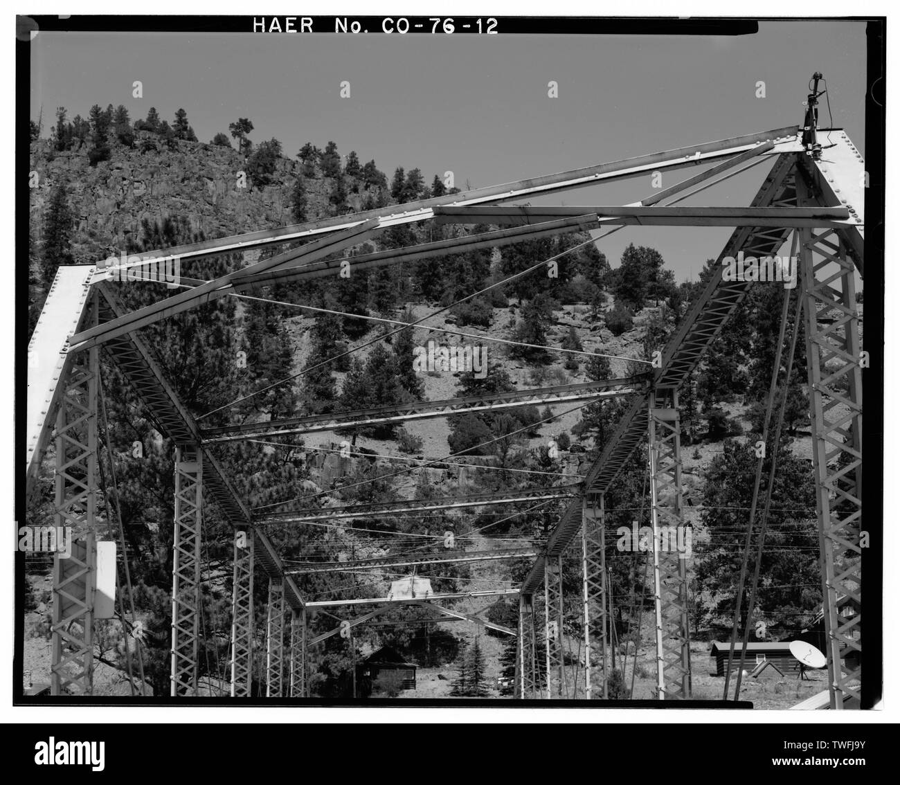 PORTAL UND OBERE VERSTEIFUNG DETAILS. Blick nach Nordosten. - Baxterville Brücke, Spanning Rio Grande Fluss in der Freimaurerischen Park Drive, South Fork, Rio Grande County, CO Stockfoto