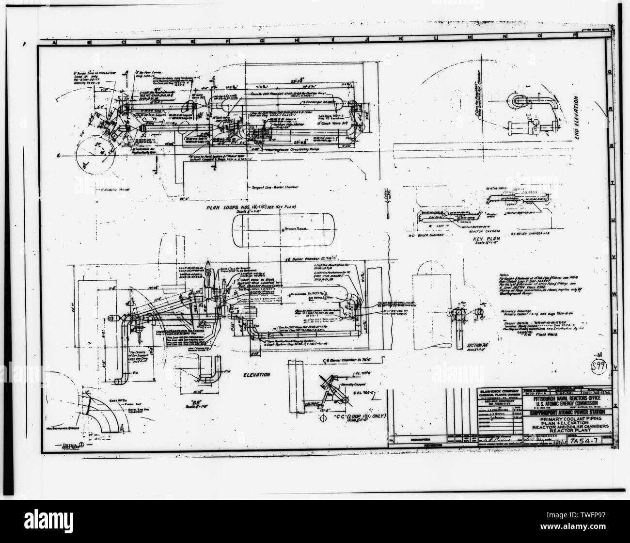 Primäre KÜHLMITTELROHRE - Reaktor-anlage - Kernkraftwerk Shippingport, am Ohio River, 25 km nordwestlich von Pittsburgh, Shippingport, Beaver County, PA; Hyman Rickover, G; Duquesne Light Company; U.S. Department of Energy; Atomic Energy Commission; Westinghouse Electric Corporation; Bettis Atomic Power Laboratory; Stein und Webster Engineering Corporation; Dravo Corporation; Simpson, John W; Gray, John E; Barker, Joseph H; Iselin, Donald G; Combustion Engineering, Incorporated; Knolls Atomic Power Laboratory; Clark, Philip R; Leighton, David T; Mealia, John E; Raab, Harry F; Thomas, Charl Stockfoto