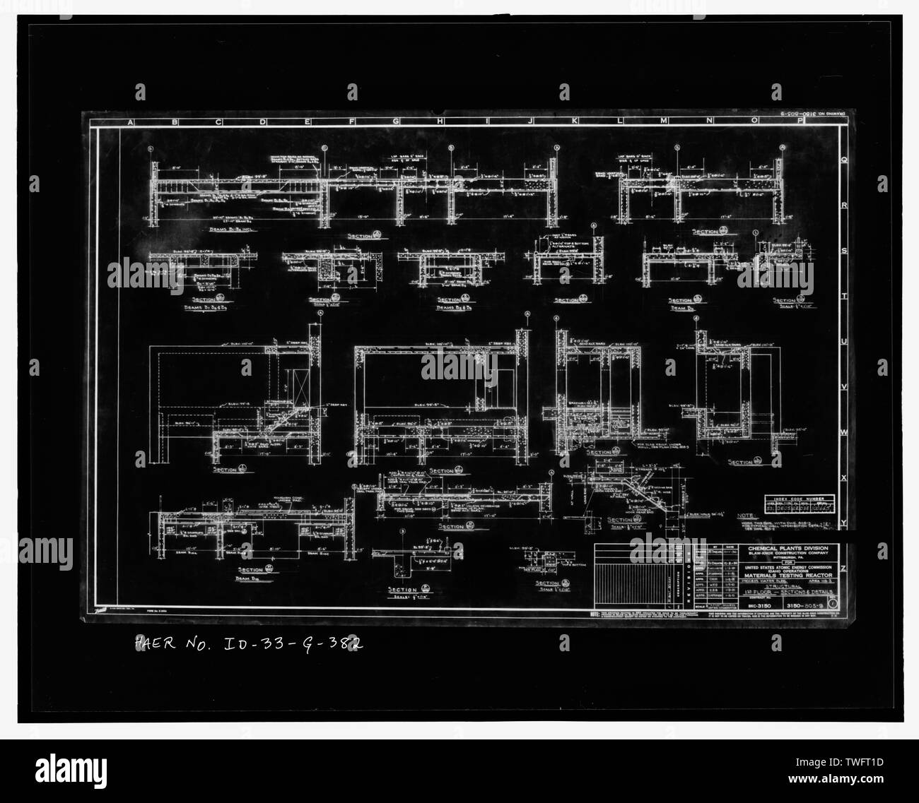 Prozesswasser Gebäude, TRA-605. Strukturelle ABSCHNITTE ZUM ERSTEN STOCK. Stahlträger Standorte. Konkrete Partitionen. - BLAW KNOX 3150-805-9, 1-1951. INL INDEX Nr. 531-0605 -62-098 -100665, REV. 1. - Idaho National Engineering Laboratory, Test Reactor, Materialien und Technik Test Reaktoren, Scoville, Butte County, ID Stockfoto