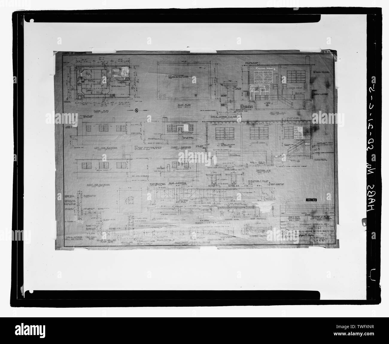 Plan, Ansichten, Schnitte und Details w 4-871. - Ellsworth Air Force Base, Rushmore Air Force Station, Dampfbad, Anlagenbau, Menoher Straße und Dyess Street, Blackhawk, Meade County, SD; Schwarz und Veatch; Abteilung der Armee, Büro des Chief der Ingenieure; Jackson, Christiana, Sender; Barbalace, Donald S, Fotograf; Anderson, Kenneth L, Historiker Stockfoto