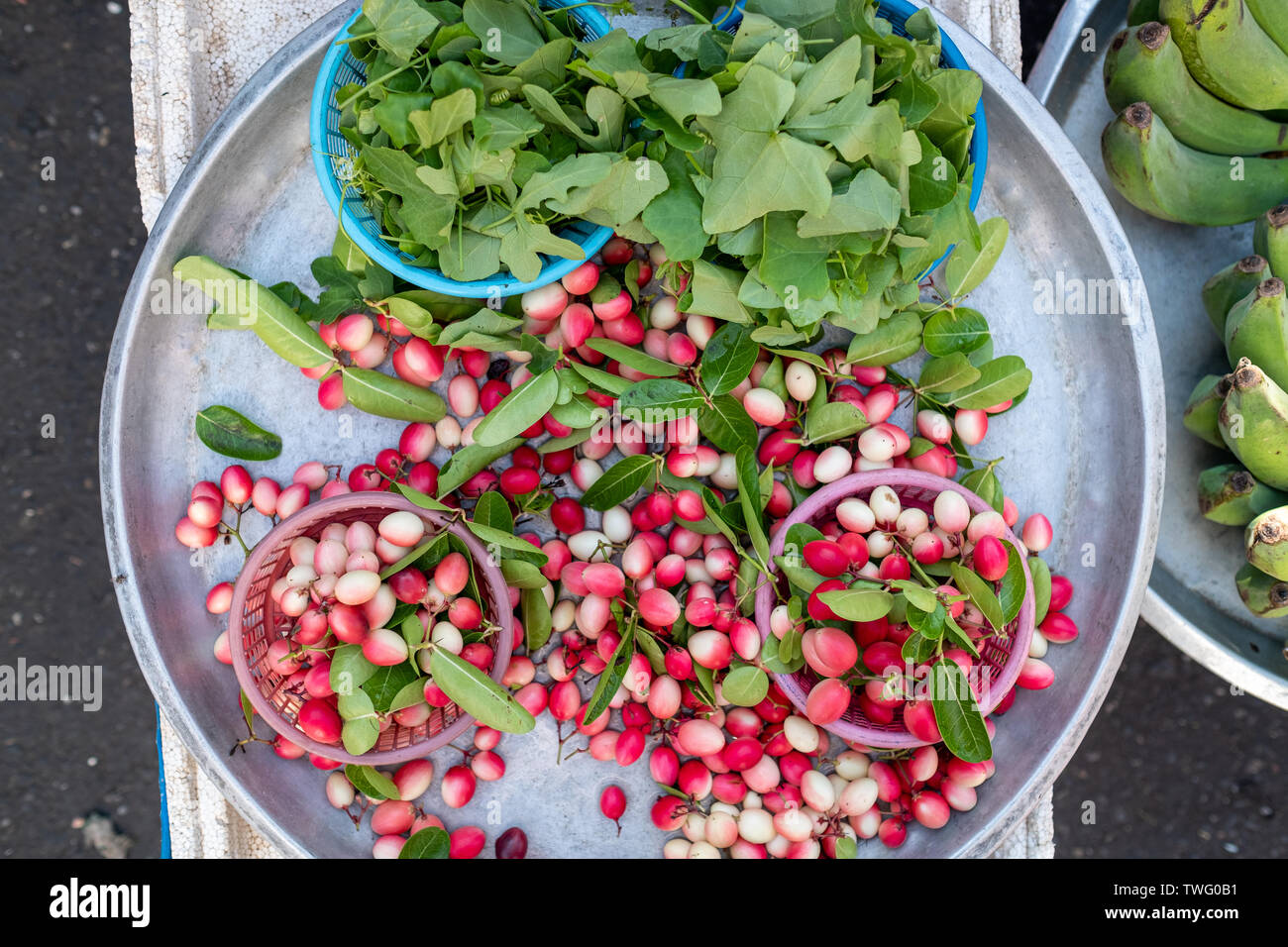 Ansicht von oben von frischem Obst, Gemüse und Gewürze, Thailand Stockfoto