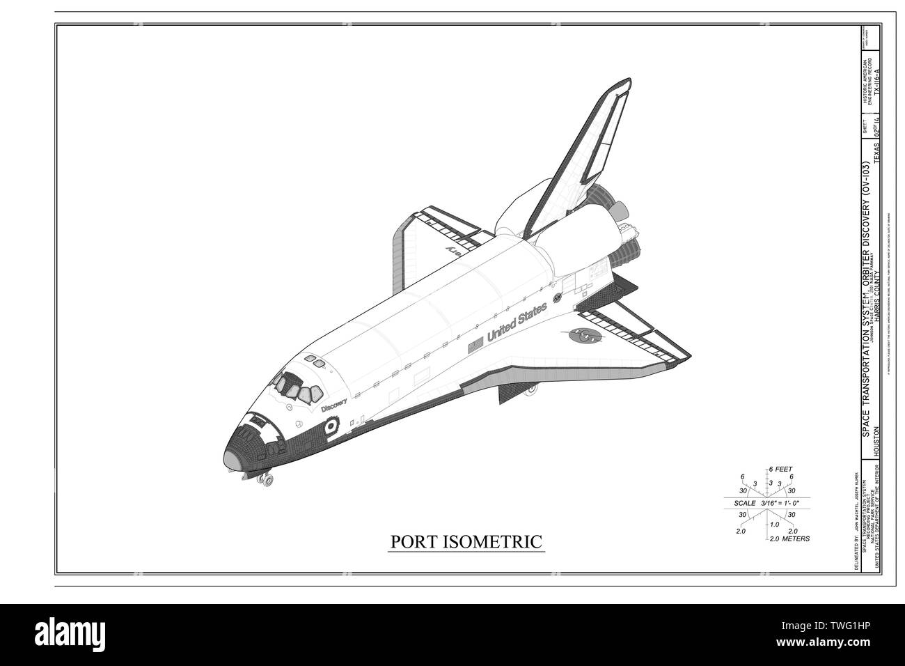 Port Isometrische - Space Transportation System, Orbiter Atlantis (OV-103), Lyndon B. Johnson Space Center, 2101 NASA Parkway, Houston, Harris County, TX; Nationale Luft- und Raumfahrtbehörde, Besitzer, Smithsonian Institution, Eigentümer; Groman, Jennifer, Denkmalpflege Officer; Abfindungen, Barbara; Allen, Ralph, Denkmalpflege Officer; intelligente Geometrien, Auftragnehmer Stockfoto
