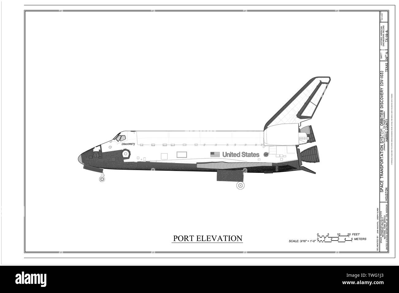 Port Elevation - Space Transportation System, Orbiter Atlantis (OV-103), Lyndon B. Johnson Space Center, 2101 NASA Parkway, Houston, Harris County, TX; Nationale Luft- und Raumfahrtbehörde, Besitzer, Smithsonian Institution, Eigentümer; Groman, Jennifer, Denkmalpflege Officer; Abfindungen, Barbara; Allen, Ralph, Denkmalpflege Officer; intelligente Geometrien, Auftragnehmer Stockfoto