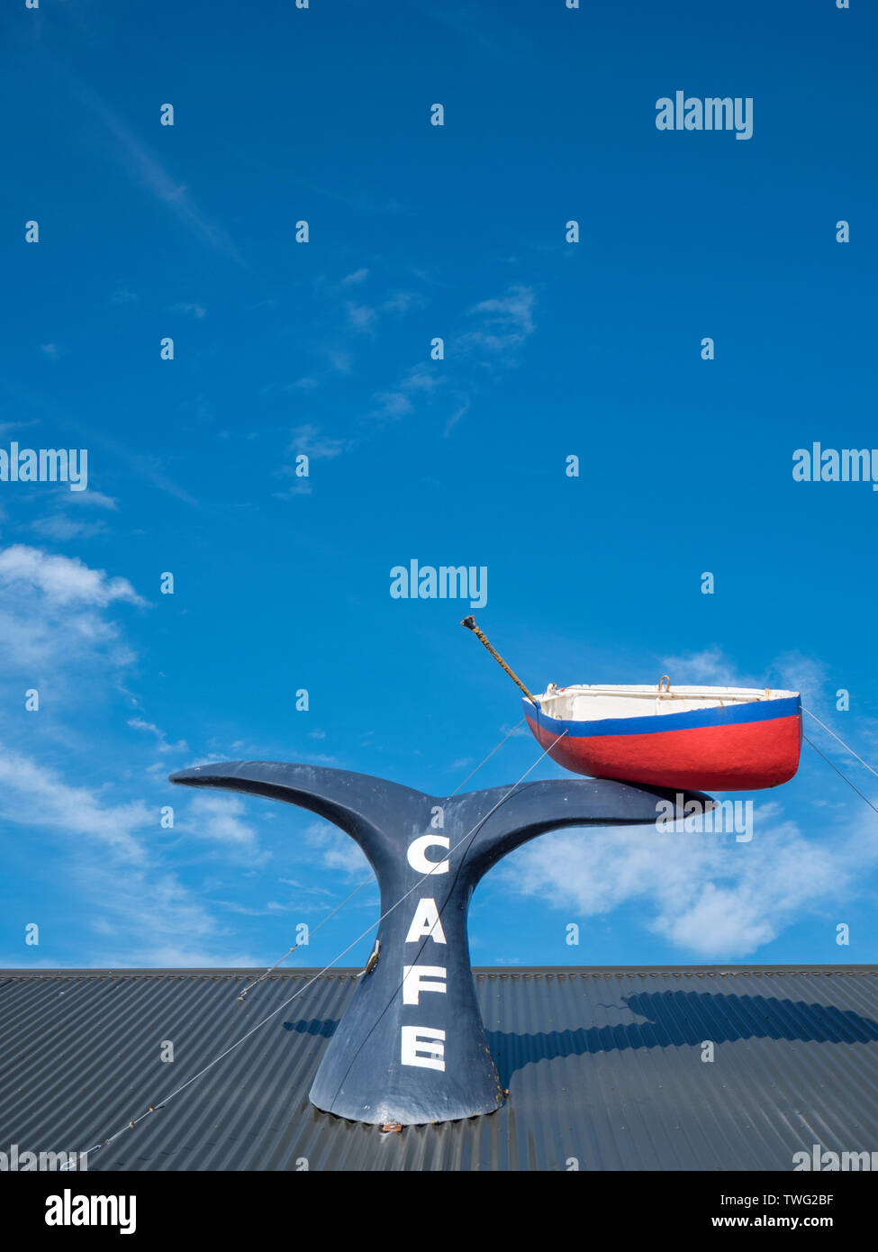 Ein großes Modell Whale Tail und Boot auf dem Dach des Der Kaikoura Food Company cafe in Kaikoura Neuseeland mit einem großen Modell boa und Wale bis auf Th Stockfoto