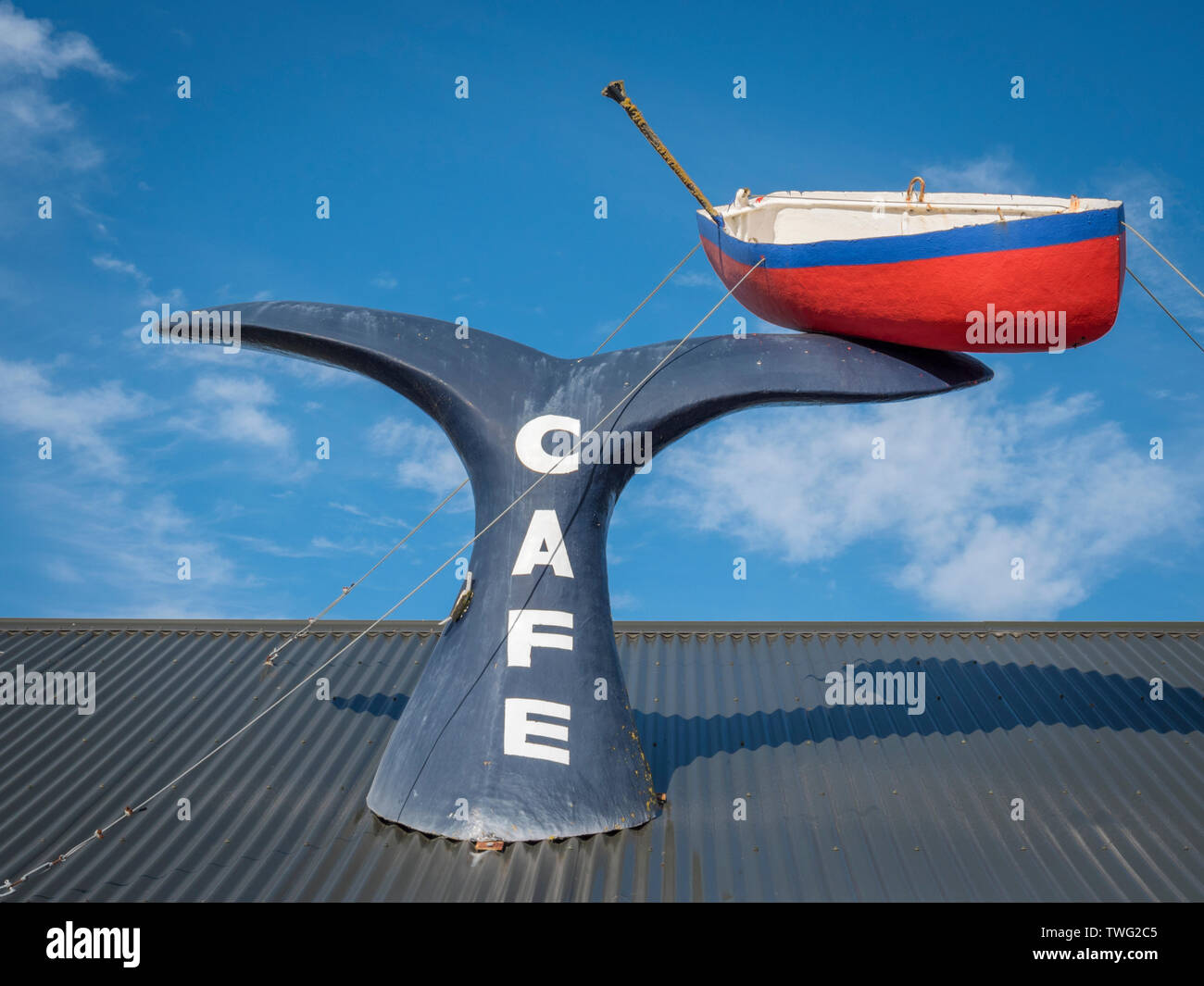 Ein großes Modell Whale Tail und Boot auf dem Dach des Der Kaikoura Food Company cafe in Kaikoura Neuseeland mit einem großen Modell boa und Wale bis auf Th Stockfoto