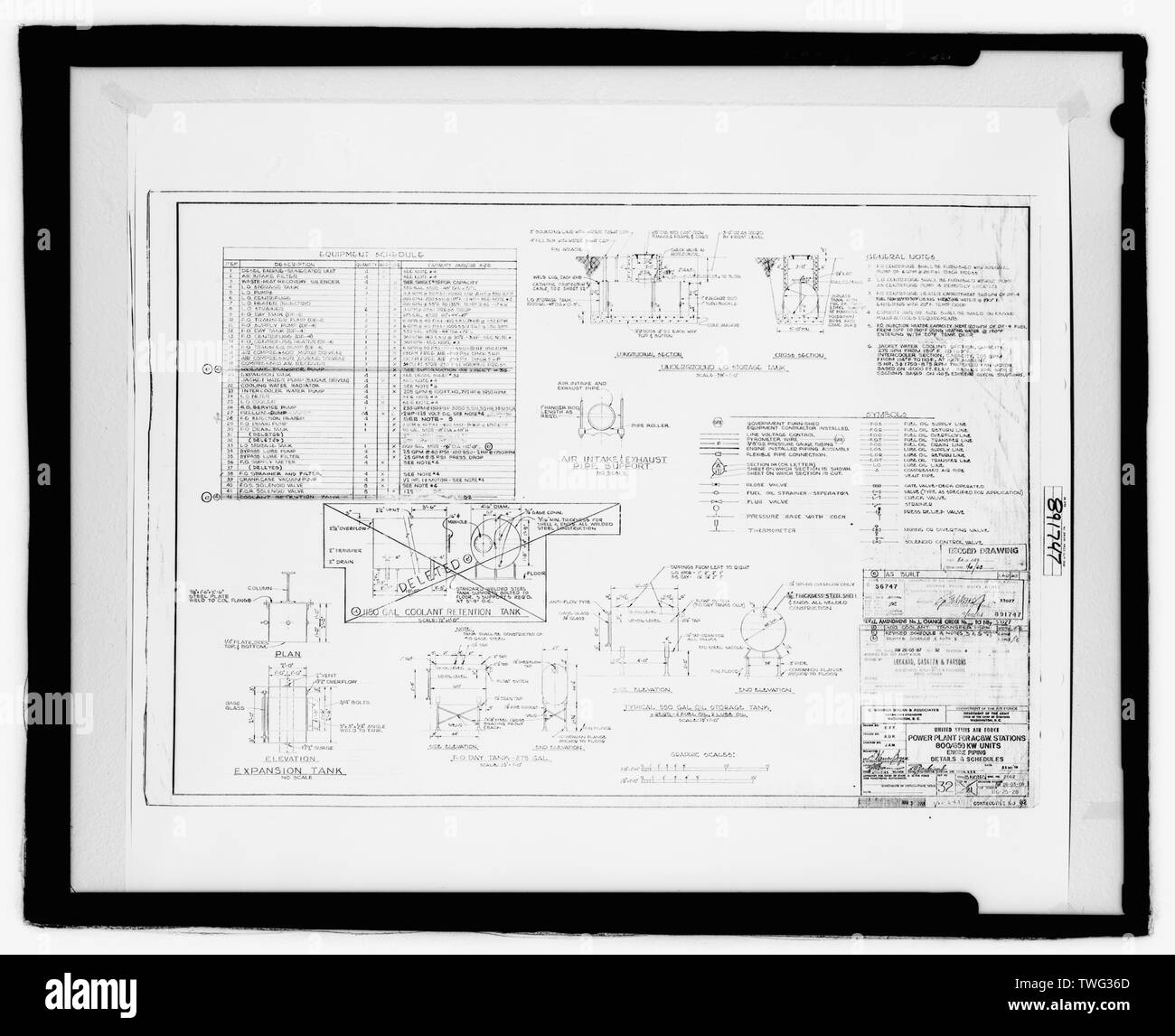 Kraftwerk Motor Öl Rohrleitungen Diagramme, Blatt 83 130 - Naval Air Station Fallon, Kraftwerk, 800 Komplexe, aus Carson Straße in der Nähe der Kreuzung von Weide und Berney Straßen, Fallon, Churchill Grafschaft, NV Stockfoto