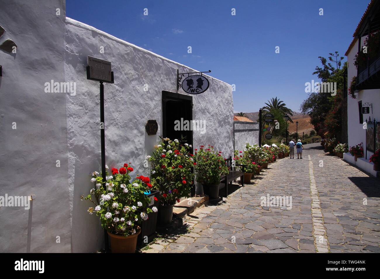 BETANCURIA, Fuerteventura - JUIN 14. 2019: Blick entlang der Straße mit öffentlichen Wc in traditionellen weißen Haus und Töpfe mit bunten Blumen Stockfoto