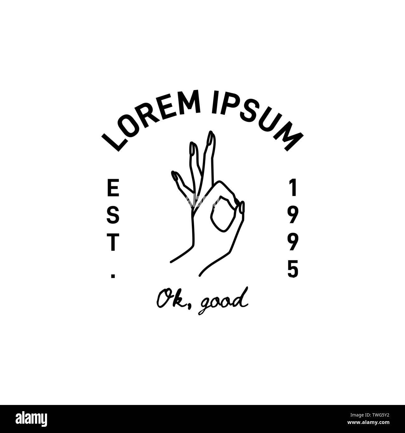 Vektor Emblem von der Frau Hand mit OK Geste in einer trendigen minimalistischen linearen Stil. Logo für einen Friseur oder Nagelstudio. Für die Verpackung von Ha-Vorlage Stock Vektor