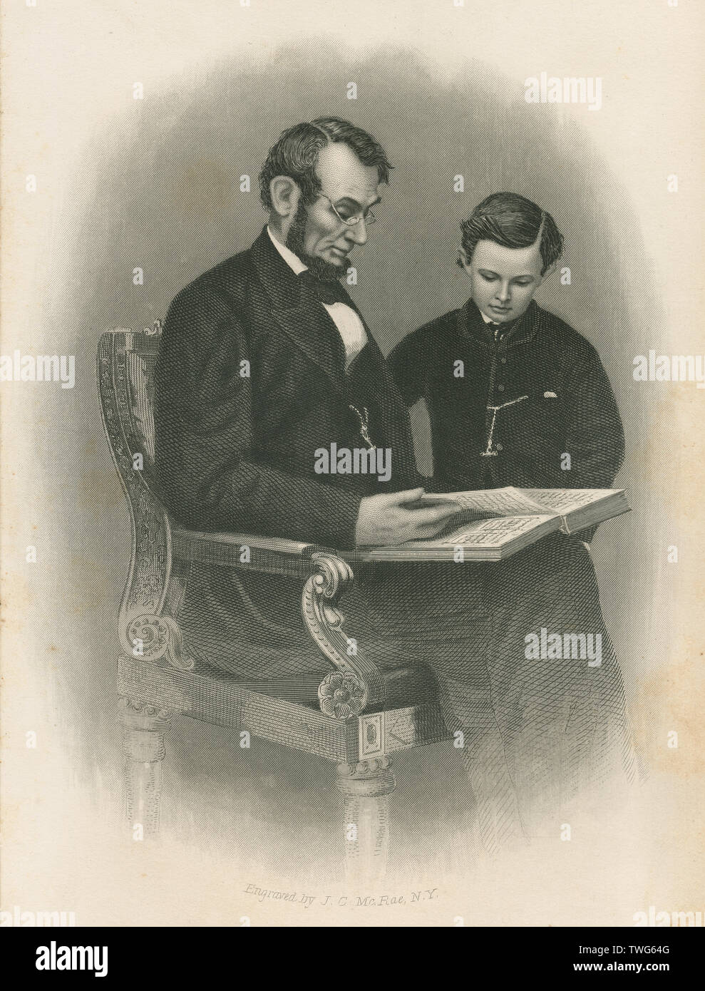 Antike 1873 Stahlstich, von der berühmten 1864 Foto von Präsident Abraham Lincoln Lesung mit seinem Sohn Tad. Quelle: ORIGINAL GRAVUR Stockfoto