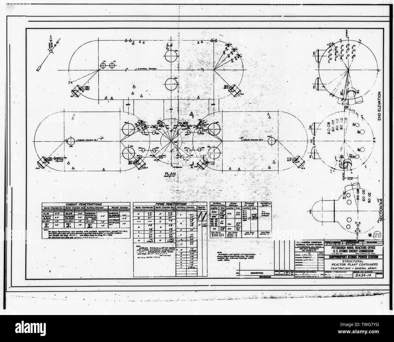 Reaktor Container - PENETRATION ANORDNUNG - Kernkraftwerk Shippingport, am Ohio River, 25 km nordwestlich von Pittsburgh, Shippingport, Beaver County, PA; Hyman Rickover, G; Duquesne Light Company; U.S. Department of Energy; Atomic Energy Commission; Westinghouse Electric Corporation; Bettis Atomic Power Laboratory; Stein und Webster Engineering Corporation; Dravo Corporation; Simpson, John W; Gray, John E; Barker, Joseph H; Iselin, Donald G; Combustion Engineering, Incorporated; Knolls Atomic Power Laboratory; Clark, Philip R; Leighton, David T; Mealia, John E; Raab, Harry F; T Stockfoto