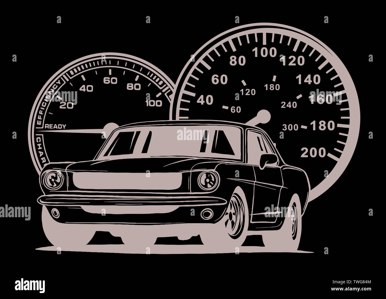 Retro Muscle Car Abbildung. Vintage Poster von Reto Auto. Alte Handy auf Weiß isoliert. Stockfoto