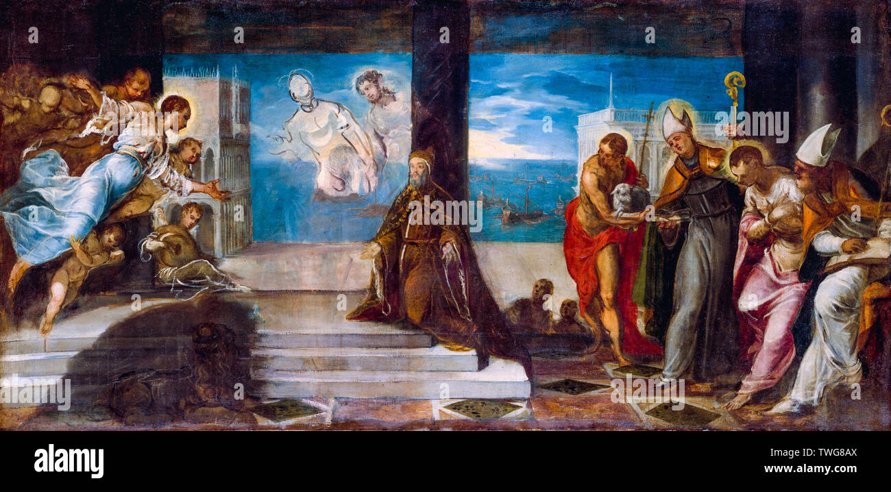 Jacopo Tintoretto, Doge Alvise Mocenigo präsentiert auf den Erlöser, Malerei, ca. 1577 Stockfoto