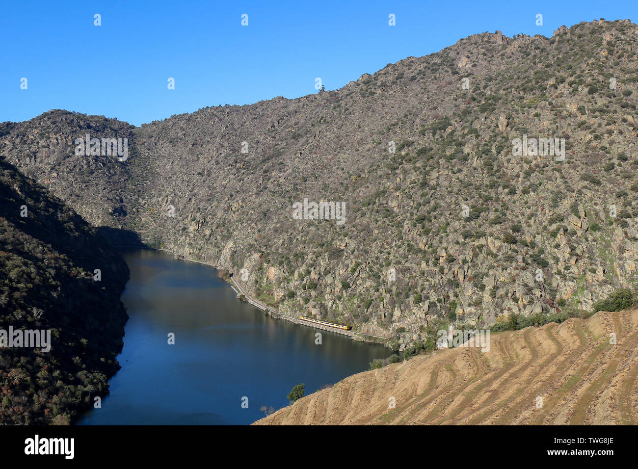 Eisenbahn im Douro Tal. Stockfoto