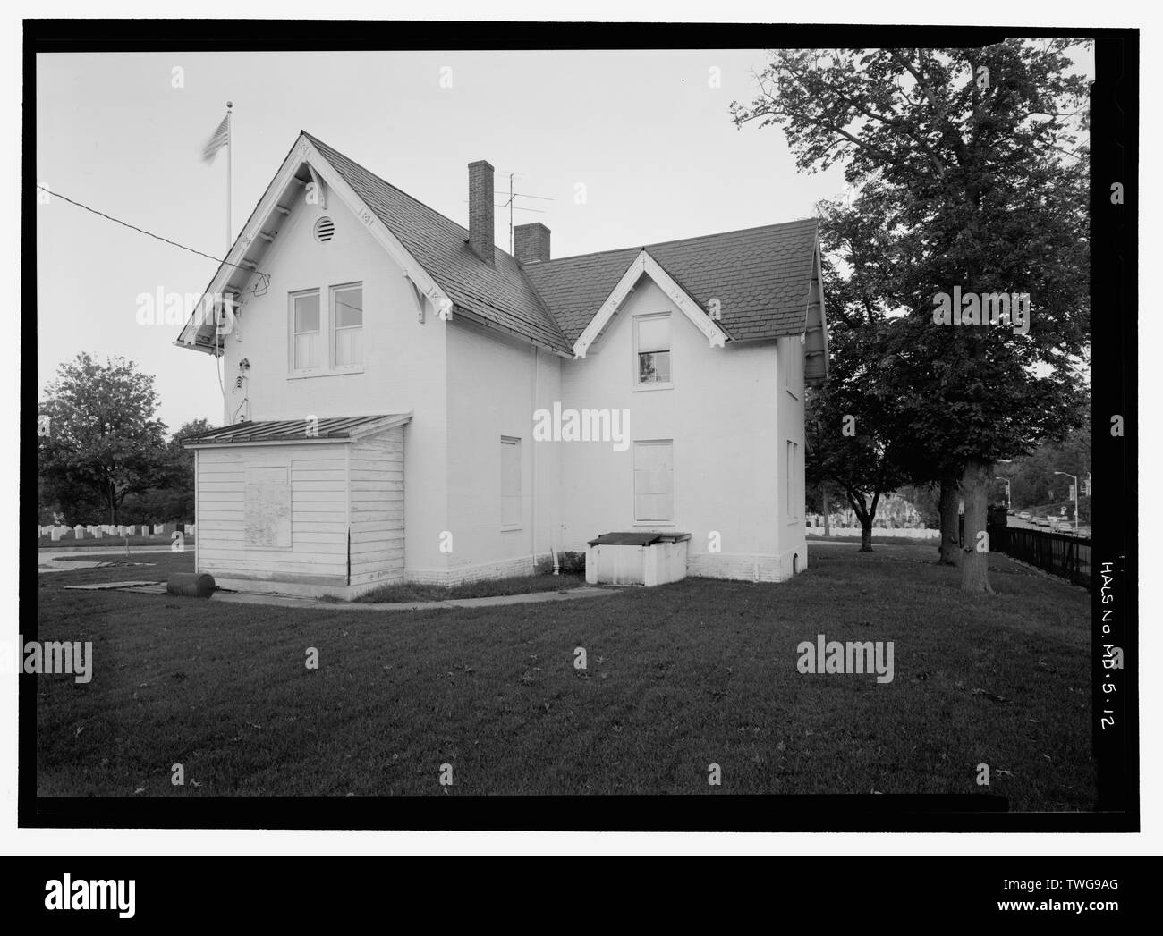 Heck- und Nordseite der Lodge. Blick nach Südwesten. - Loudon Park National Friedhof, 3445 Friedrich Avenue, Baltimore, unabhängige Stadt, MD; US-Veterans Affairs Stockfoto
