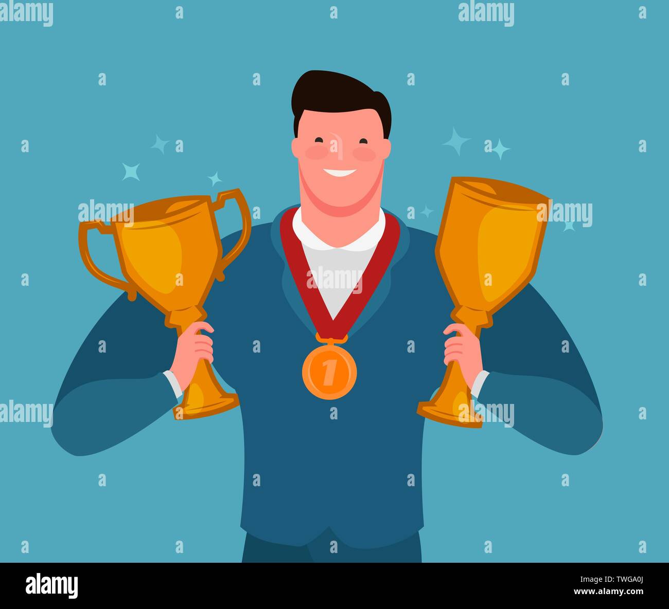 Erfolgreiche Unternehmer, die den Cup Sieger. Erfolg, Erfolg im Geschäft. Vector Illustration Stock Vektor