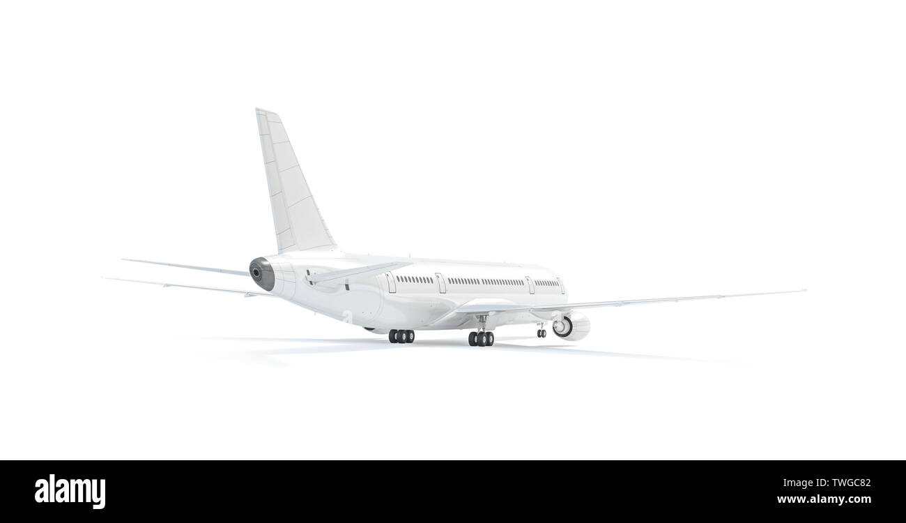 Leere weiße Flugzeug mockup stand, Rückseite Ansicht isoliert, 3D-Rendering. Klar aerobus Höhenleitwerk mock up Vorlage. Leere Flugzeug Modell mit empennag Stockfoto