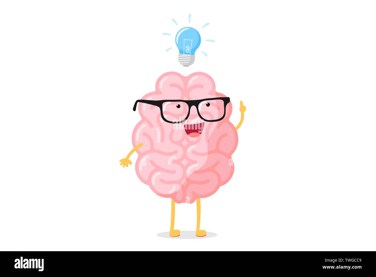 Cartoon smart menschliche Gehirn Charakter mit Brille und Licht Lampe Leuchte Idee Konzept. Zentralen Nervensystems Orgel Inspiration lustig Flachbild Vektor Stock Vektor