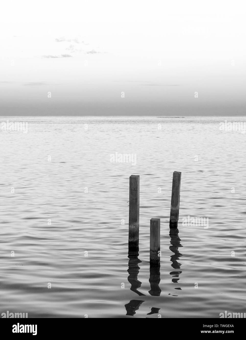 Ozean Landschaft mit Minimalismus Design von hölzernen Masten in atemberaubenden Schwarz und Weiß Stockfoto