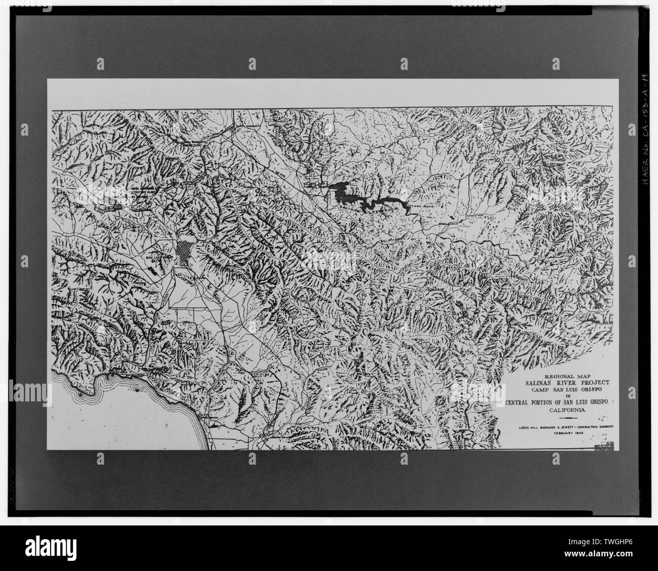 Regionale Karte, SALINAS RIVER PROJECT, LAGER SAN LUIS OBISPO, IM ZENTRALEN TEIL VON SAN LUIS OBISPO, Kalifornien. Leeds Hill Barnard und Jewett - Beratende Ingenieure, Februar 1942. - Salinas River Project, Cuesta Tunnel, südöstlich von US 101, San Luis Obispo San Luis Obispo County, CA; Englisch: Karte der Cuesta Tunnel der Salinas River Aquädukt (1942) - im Santa Lucia Mountains, San Luis Obispo County, Kalifornien.* Bild: HAER-historischen American Engineering Record Fotografien von Kalifornien. Stockfoto