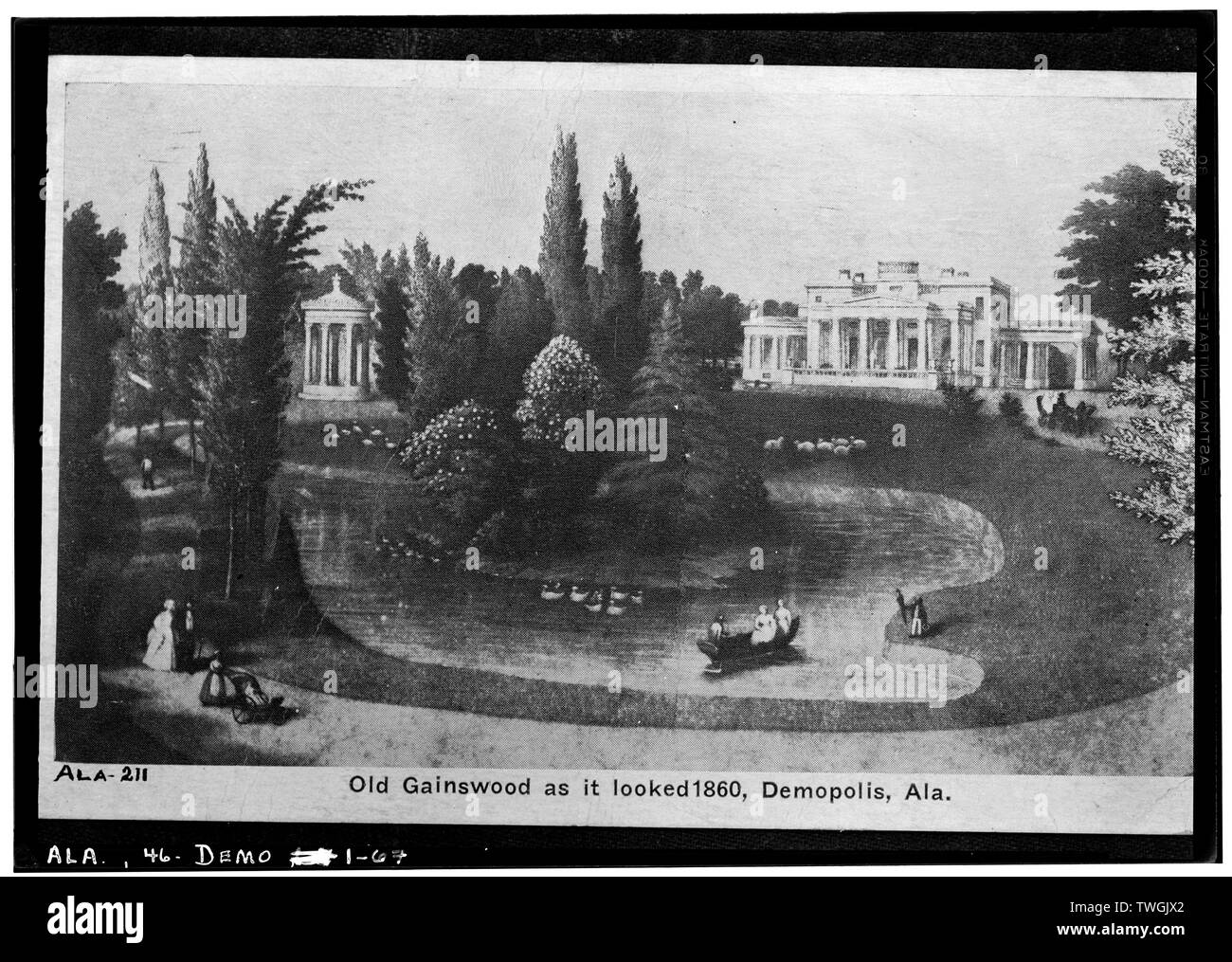 Reproduktion von alten Lithographie ZEIGT SICH IN DEN 40ER JAHREN. Blick über den See E.W. Russell, Fotograf, 20. November 1936. - Gaineswood, 805 South Cedar Street, Demopolis, Marengo County, AL Stockfoto