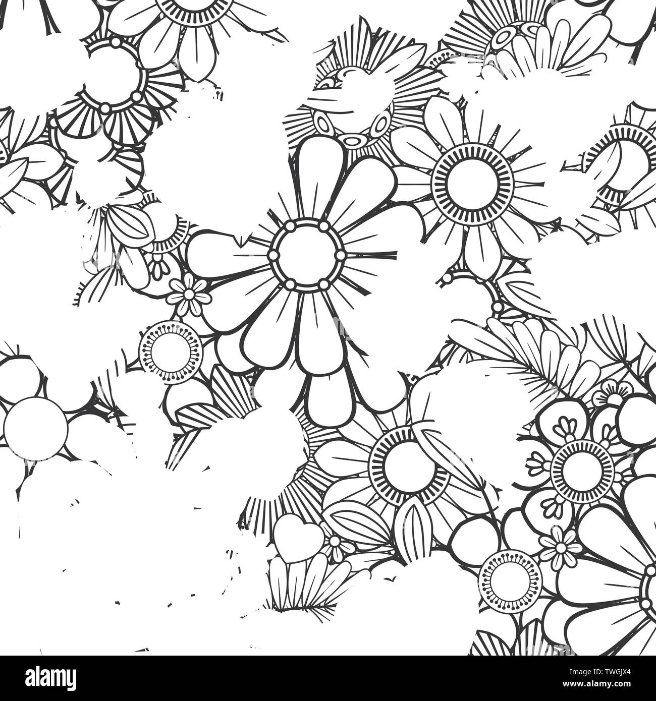 Valentines Tag nahtlose Muster mit Herzen und Blumen. Färbung Seite für Erwachsene Malbuch. Hand gezeichnet Vector Illustration auf weißem Hintergrund. Stock Vektor