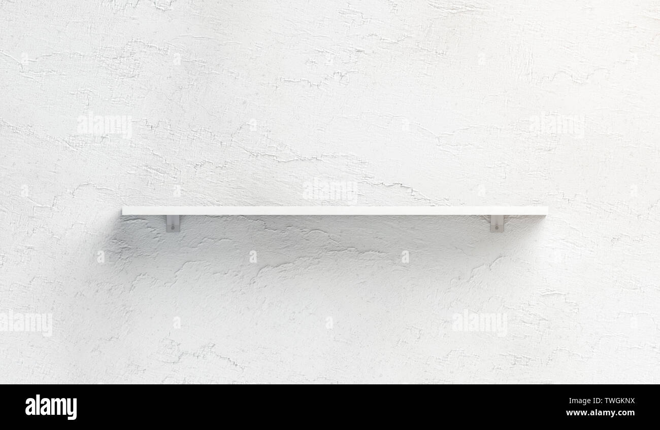 Leere weiße Bücherregal mock up an Wand, Ansicht von vorne montiert, isoliert, 3D-Rendering. Leere horizontale Board mockup Die strukturierte Wal behoben. Klar unoccup Stockfoto