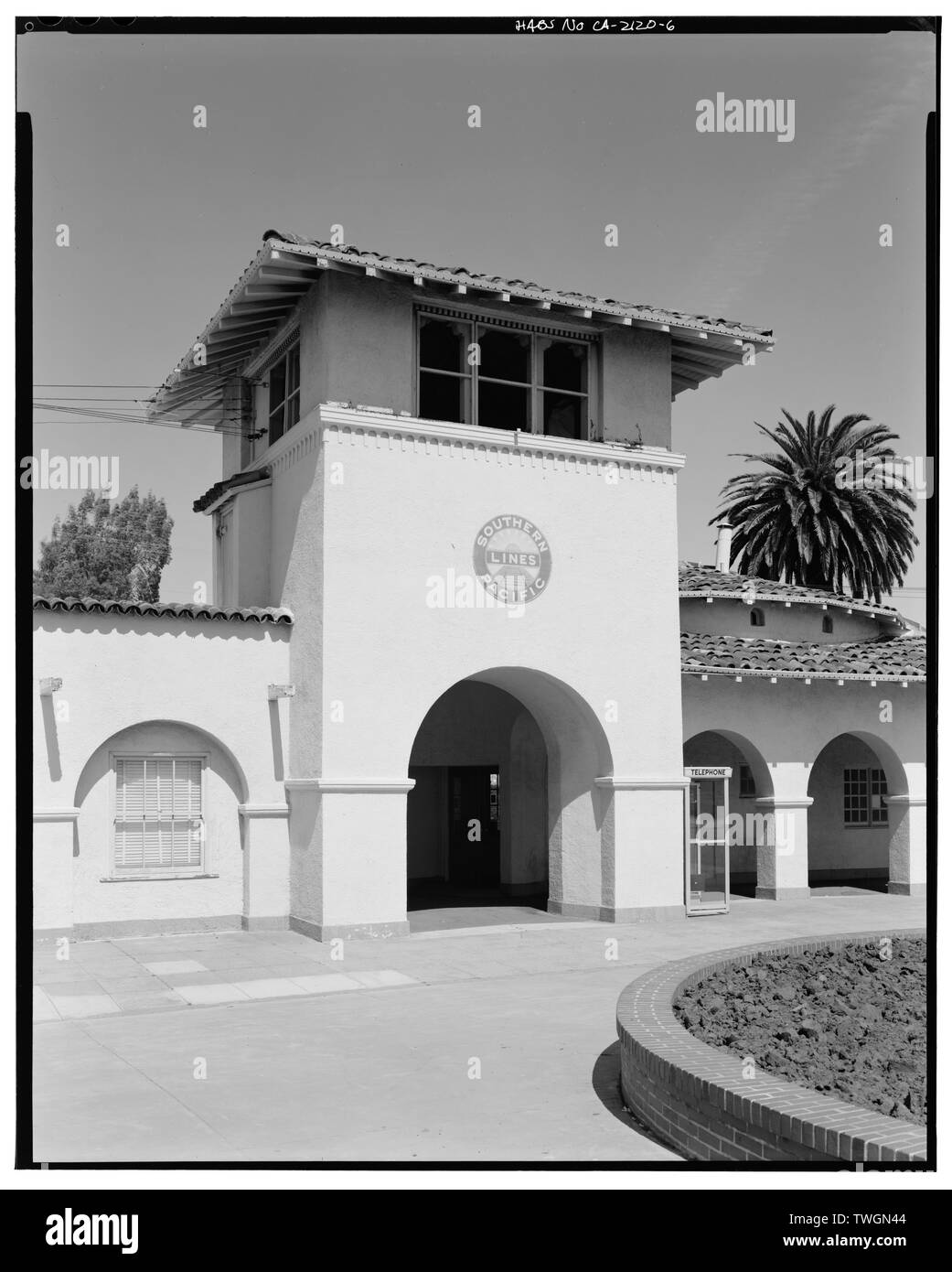 Straße, DETAIL DER TURM - Southern Pacific Railroad Station, Burlingame Avenue und Kalifornien fahren, Burlingame, San Mateo County, CA Stockfoto