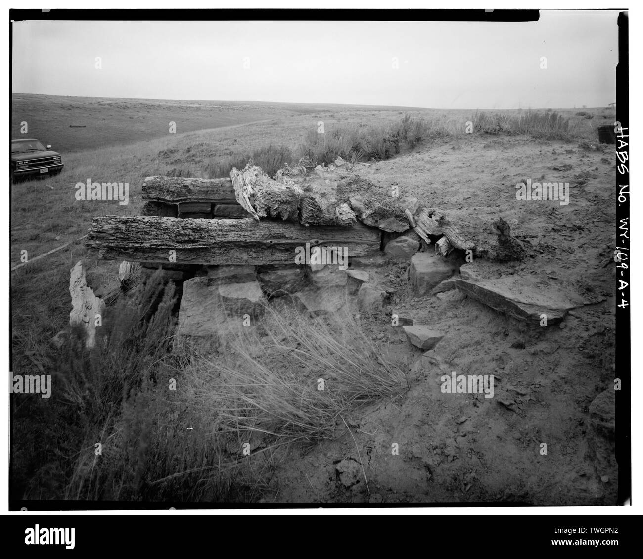 Dach- und NORDWESTSEITE, Blick nach Südosten - Rock gut Homestead, Unterstand, 15 km südöstlich von Wright, Wright, Campbell County, WY Stockfoto