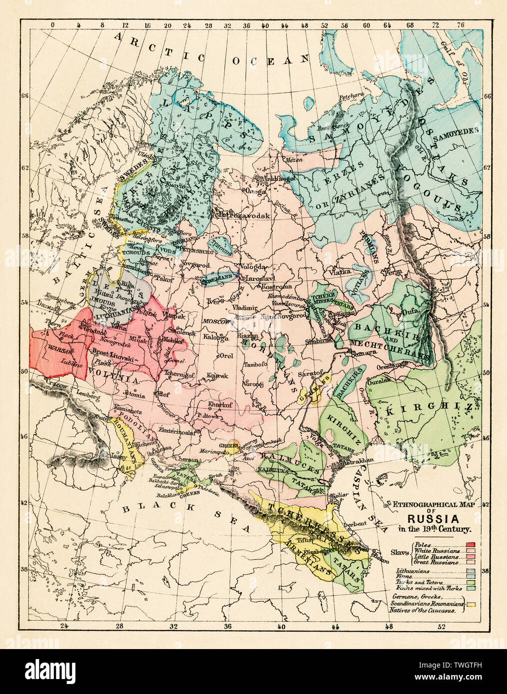 Ethnographische Karte des Russischen Reichs im 19. Jahrhundert. Farblithographie Stockfoto