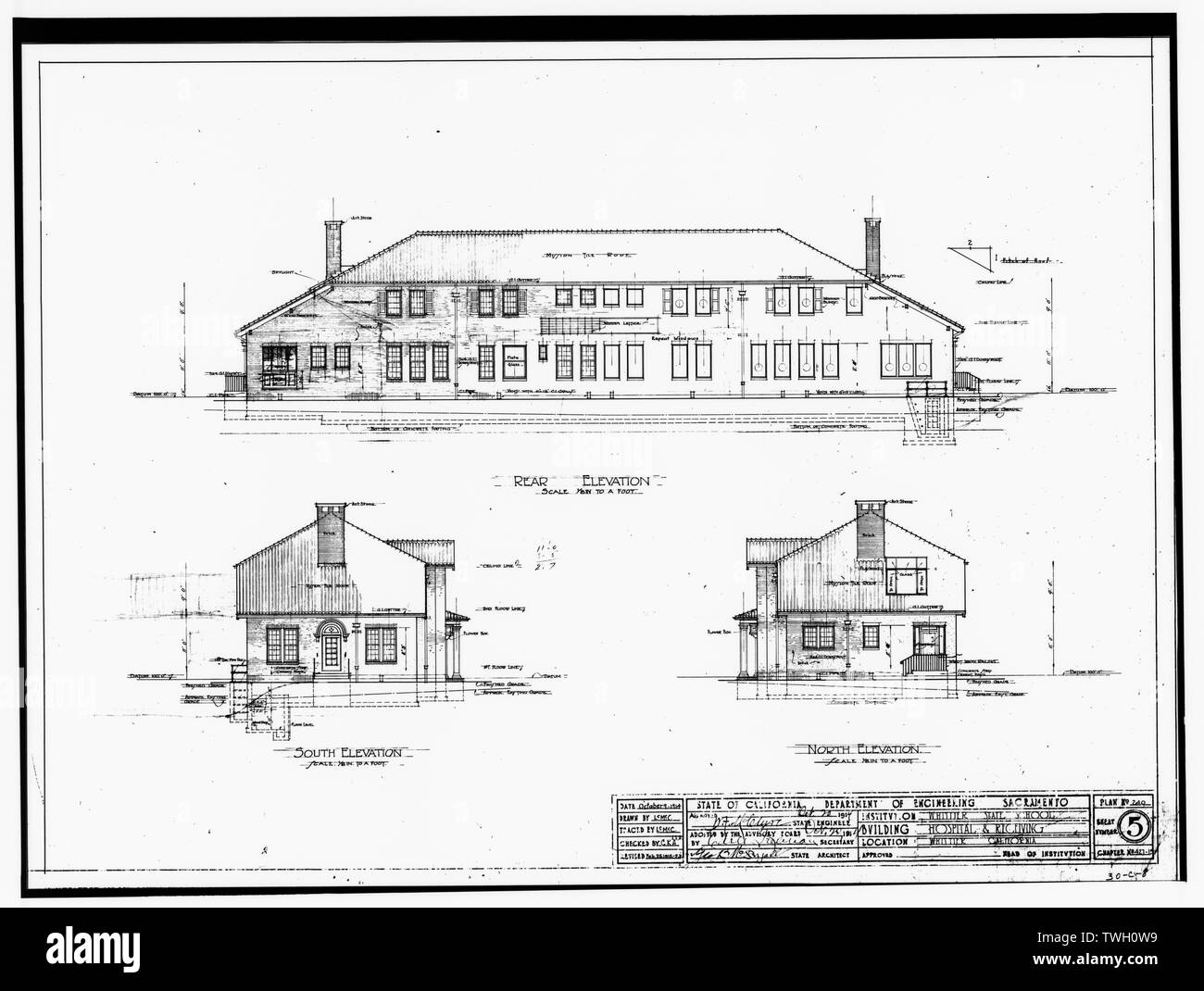 Hintere Höhe - South Elevation - Nord Elevation (Zeichnung 5) - Whittier staatliche Schule, Krankenhaus- und Wareneingangsgebäude, 11850 Osten Whittier Boulevard, Whittier, Los Angeles County, CA Stockfoto