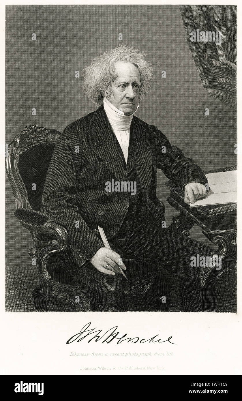 Sir John Frederick William Herschel, 1st Baronet (1792-1871), englischer Universalgelehrten, der die Blue Print, Three-Quarter Länge sitzt Portrait, Stahlstich, Porträtgalerie bedeutender Männer und Frauen in Europa und Amerika durch Evert A. Duyckinck, von Henry J. Johnson, Johnson, Wilson & Company, New York, 1873 veröffentlicht erfunden Stockfoto
