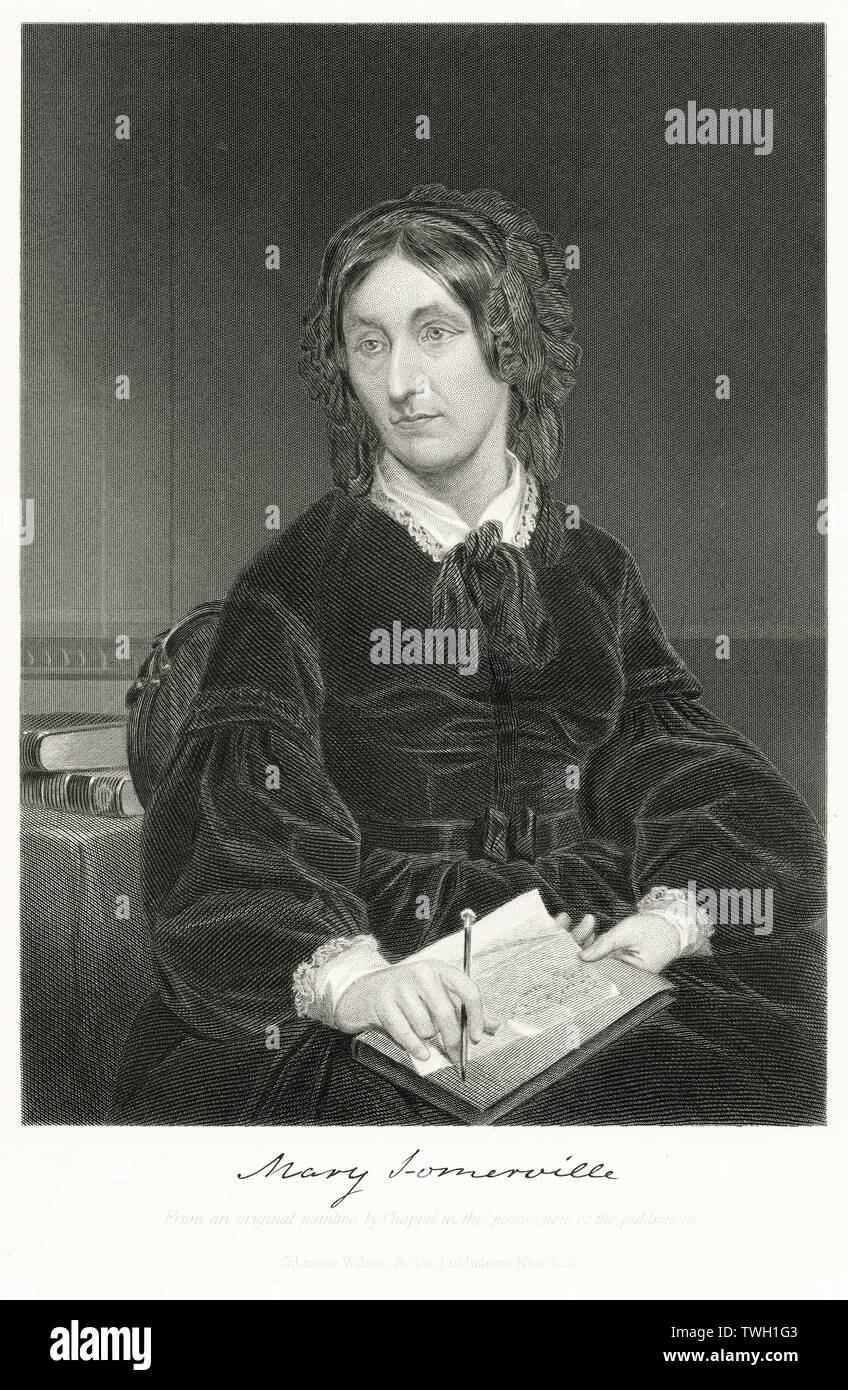 Mary Somerville (1780-1872), schottischer Schriftsteller, sitzt der Wissenschaft Porträt, Stahlstich, Porträtgalerie bedeutender Männer und Frauen in Europa und Amerika durch Evert A. Duyckinck, von Henry J. Johnson, Johnson, Wilson & Company, New York, 1873 veröffentlicht. Stockfoto