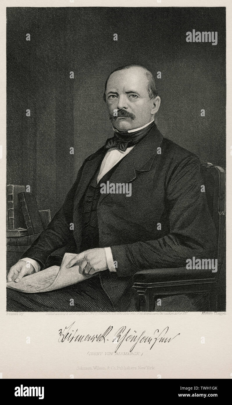 Otto von Bismarck (1815-98), preußischer Staatsmann und erster Kanzler des Deutschen Reiches 1871-90, Sitz Portrait, Stahlstich, Porträtgalerie bedeutender Männer und Frauen in Europa und Amerika durch Evert A. Duyckinck, von Henry J. Johnson, Johnson, Wilson & Company, New York, 1873 veröffentlicht. Stockfoto