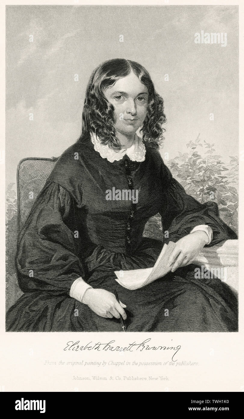 Elizabeth Barrett Browning (1806-61), Prominenter englischer Dichter, sitzt, Porträt, Stahlstich, Porträtgalerie bedeutender Männer und Frauen in Europa und Amerika durch Evert A. Duyckinck, von Henry J. Johnson, Johnson, Wilson & Company, New York, 1873 veröffentlicht. Stockfoto