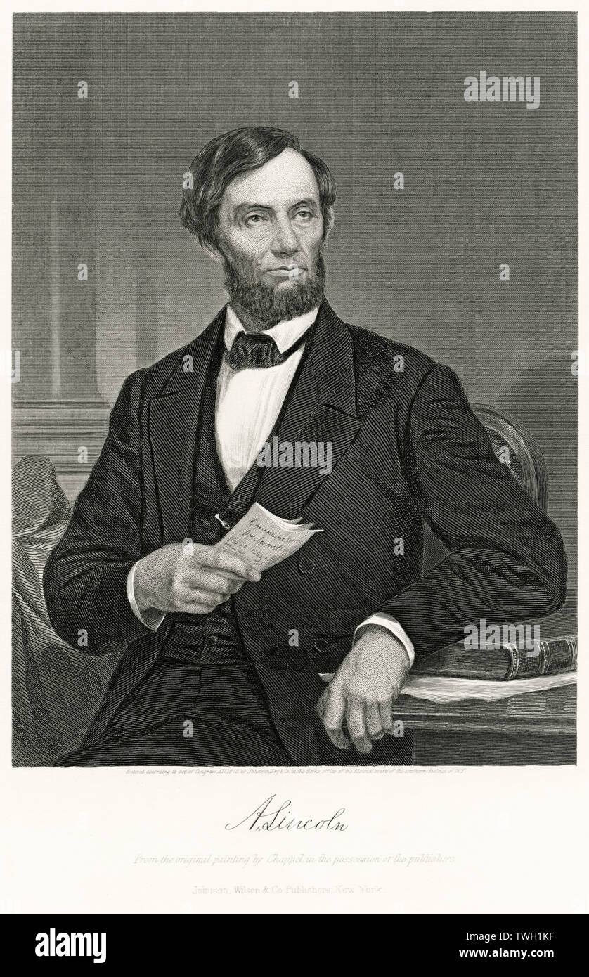 Abraham Lincoln (1809-65), 16. Präsident der Vereinigten Staaten, sitzt, Porträt, Stahlstich, Porträtgalerie bedeutender Männer und Frauen in Europa und Amerika durch Evert A. Duyckinck, von Henry J. Johnson, Johnson, Wilson & Company, New York, 1873 veröffentlicht. Stockfoto