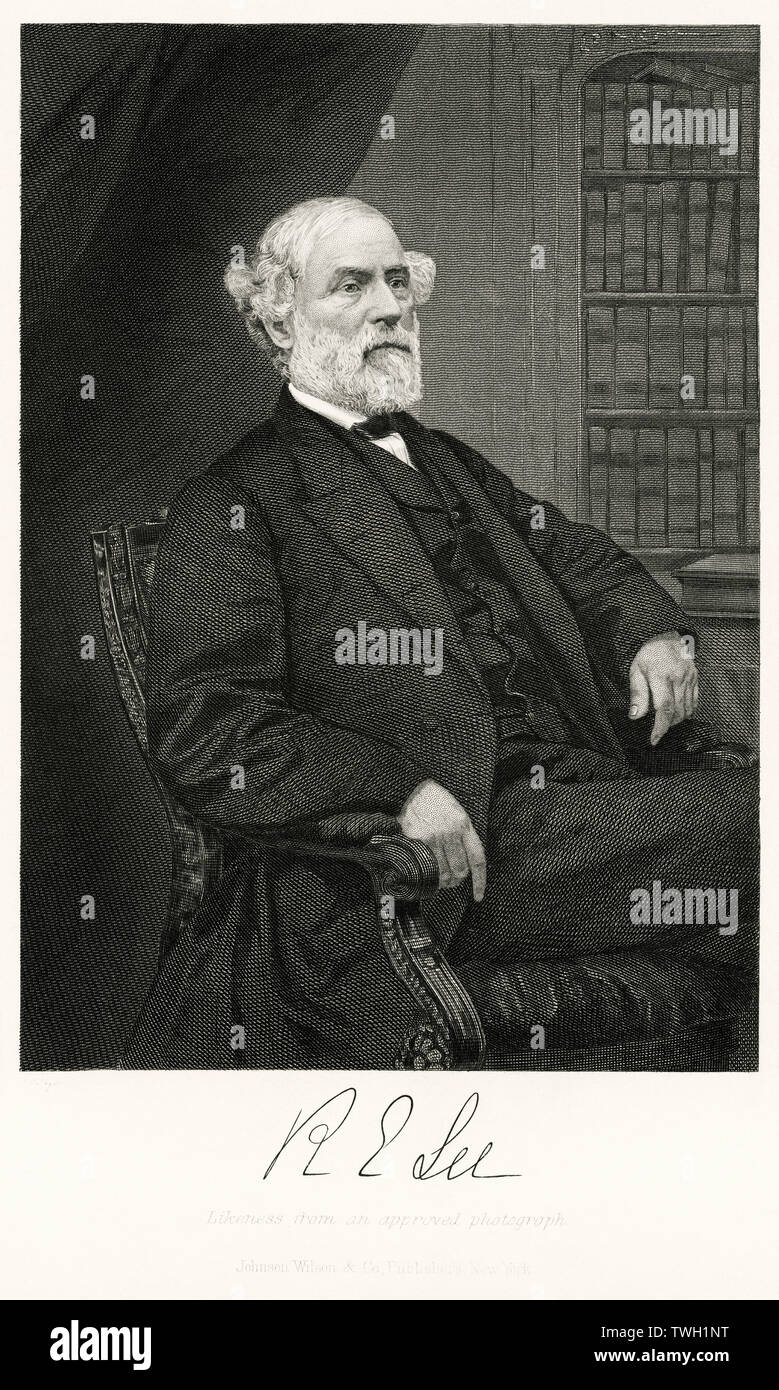 Robert E. Lee (1807-70) Amerikanische und Confederate Soldier, Kommandierender General der Konföderierten Truppen während des Amerikanischen Bürgerkrieges, sitzt, Porträt, Stahlstich, Porträtgalerie bedeutender Männer und Frauen in Europa und Amerika durch Evert A. Duyckinck, von Henry J. Johnson, Johnson, Wilson & Company, New York, 1873 veröffentlicht. Stockfoto