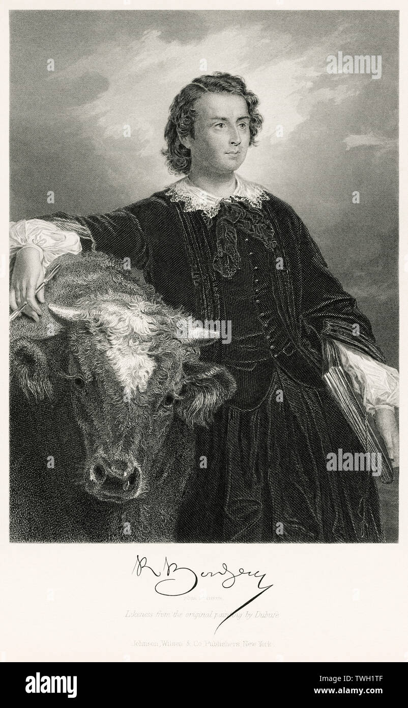 Rosa Bonheur (1822-1899), französischer Maler und Bildhauer, stehend Porträt mit Kuh, Stahlstich, Porträtgalerie bedeutender Männer und Frauen in Europa und Amerika durch Evert A. Duyckinck, von Henry J. Johnson, Johnson, Wilson & Company, New York, 1873 veröffentlicht. Stockfoto