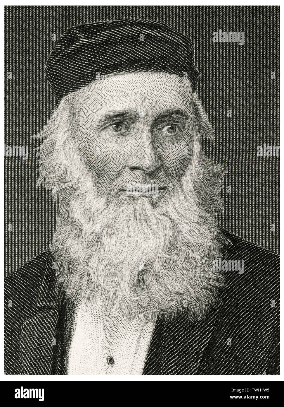 Hiram Befugnisse (1805-73), Amerikanischer neoklassizistischen Bildhauers, Kopf und Schultern Portrait, Stahlstich, Porträtgalerie bedeutender Männer und Frauen in Europa und Amerika durch Evert A. Duyckinck, von Henry J. Johnson, Johnson, Wilson & Company, New York, 1873 veröffentlicht. Stockfoto